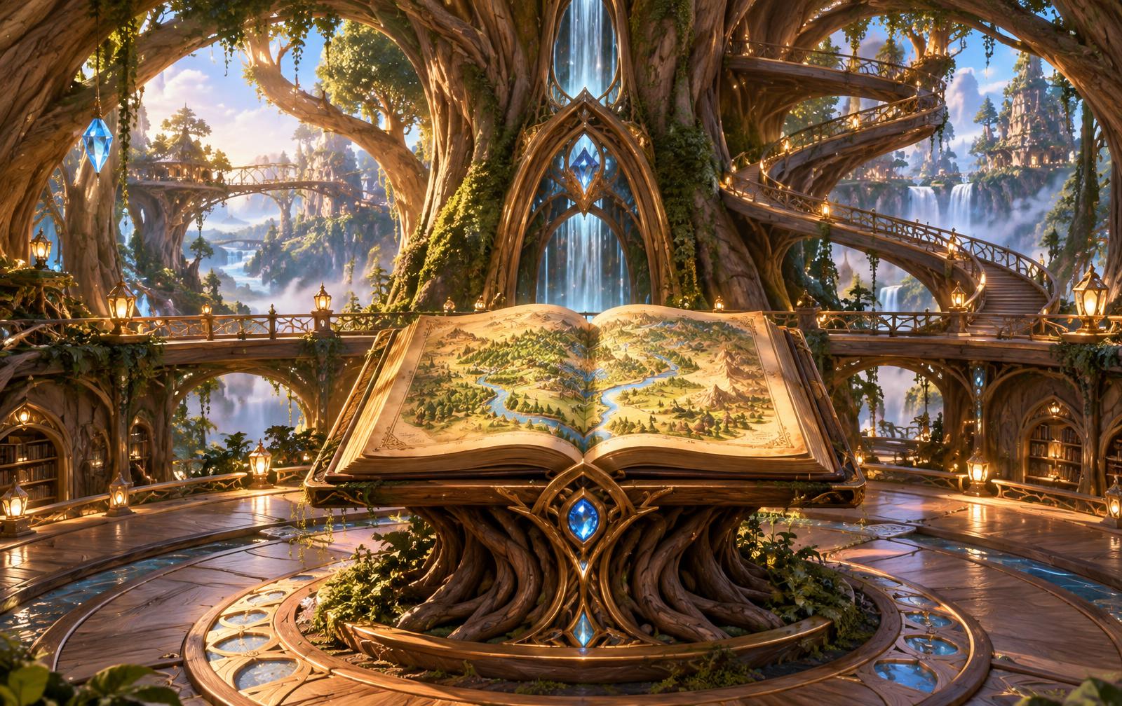 The great storybook and map inside the Skyroot Tree