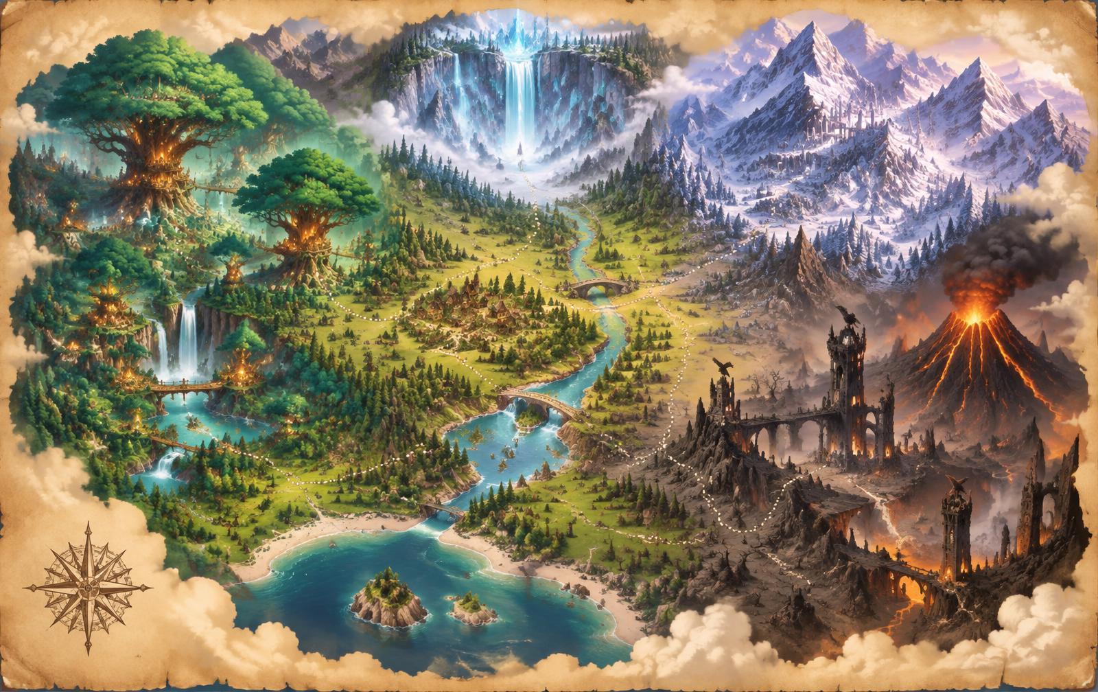 Illustrated storybook map showing Auravale forest, Mistveil Falls, the Aramor Mountains and Cindervale